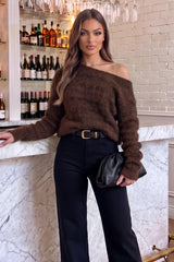 Chocolate Animal Print Brushed Knit Off The Shoulder Jumper