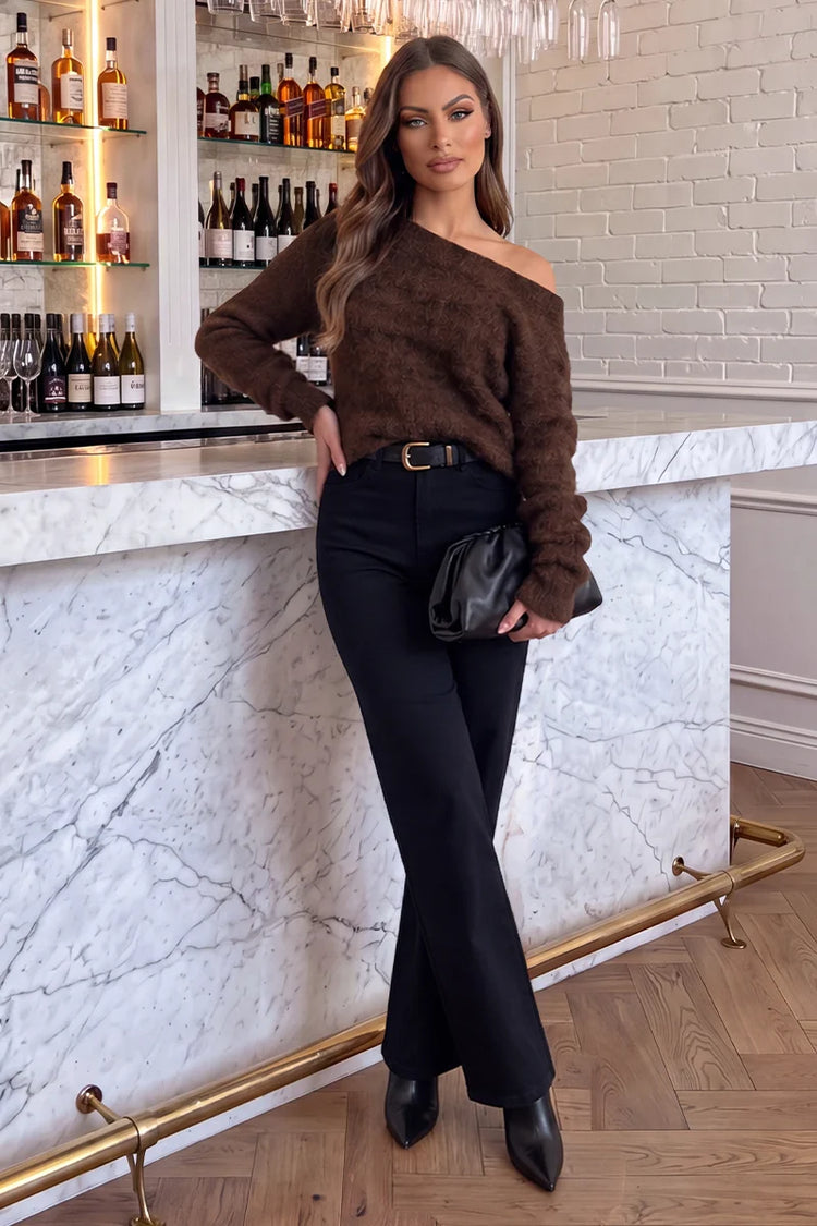 Chocolate Animal Print Brushed Knit Off The Shoulder Jumper