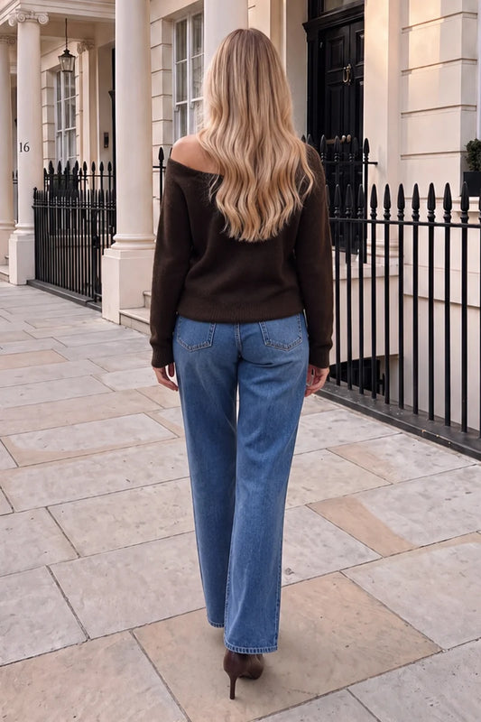 Chocolate Asymmetric Neckline Hardware Detail Knit Jumper