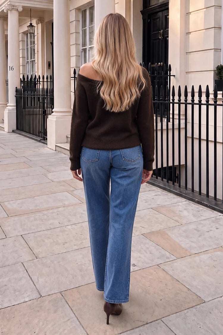 Chocolate Asymmetric Neckline Hardware Detail Knit Jumper