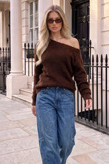 Chocolate Brushed Knit Off The Shoulder Jumper