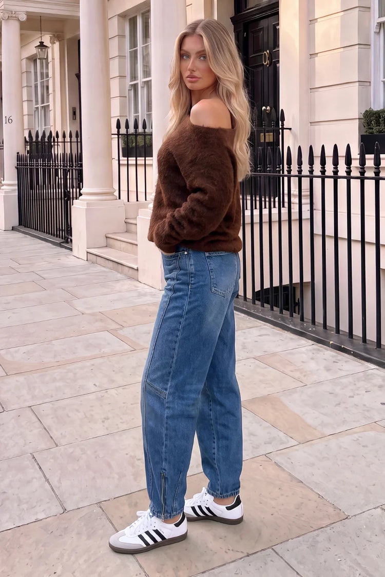 Chocolate Brushed Knit Off The Shoulder Jumper