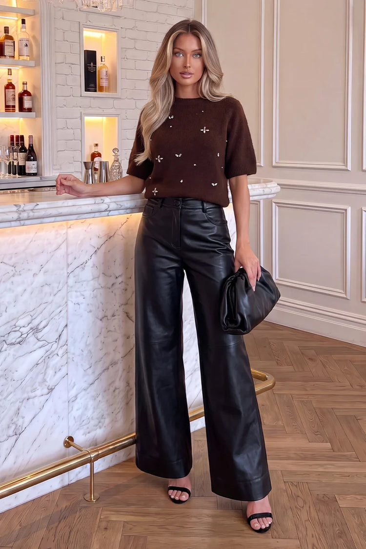 Chocolate Embellished Short Sleeve Brushed Knit Top