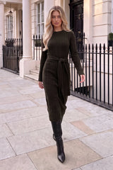 Chocolate Ribbed Tie Waist Knitted Midi Dress