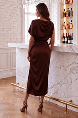 Chocolate Satin One Sleeve Ruched Midi Dress