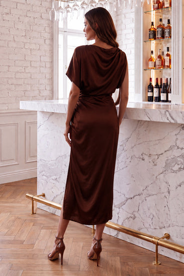 Chocolate Satin One Sleeve Ruched Midi Dress