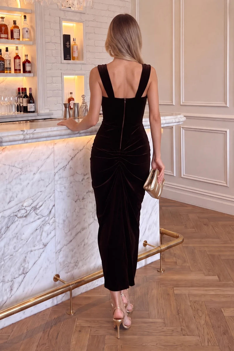 Chocolate Velvet Gold Detail Knot Midi Dress