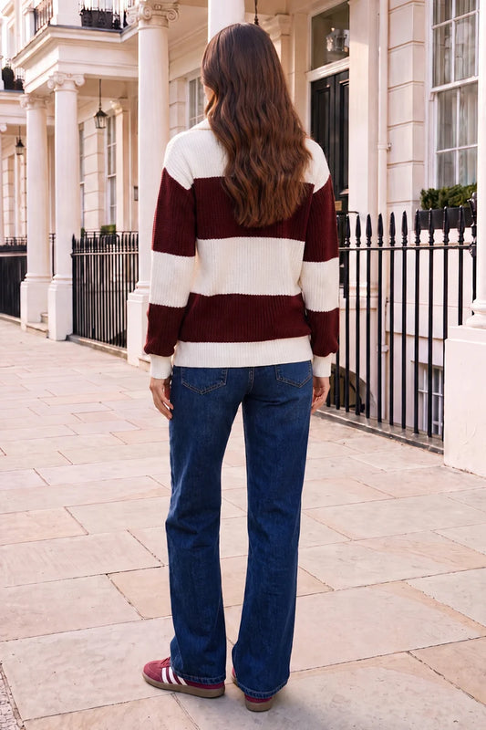 Cream and Burgundy Striped 1/4 Zip Knit Jumper