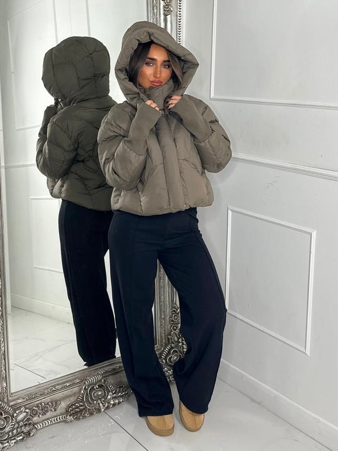 Cropped Puffer Coat With Hood- Khaki