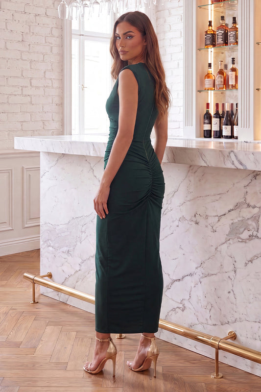 Forest Green Draped Sash Wrap Midi Dress