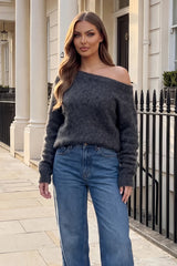 Grey Brushed Knit Off The Shoulder Jumper