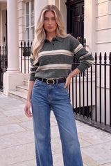 Grey Stripe Collared Knitted Jumper