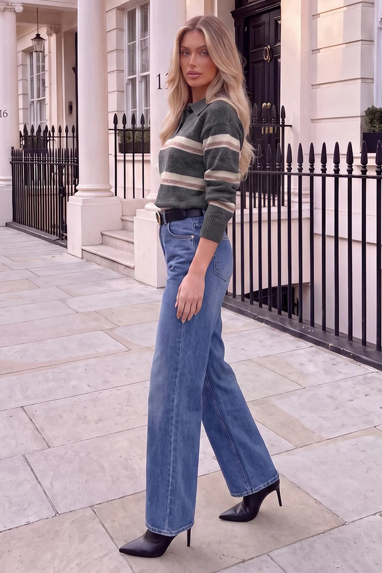 Grey Stripe Collared Knitted Jumper