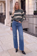 Grey Stripe Collared Knitted Jumper