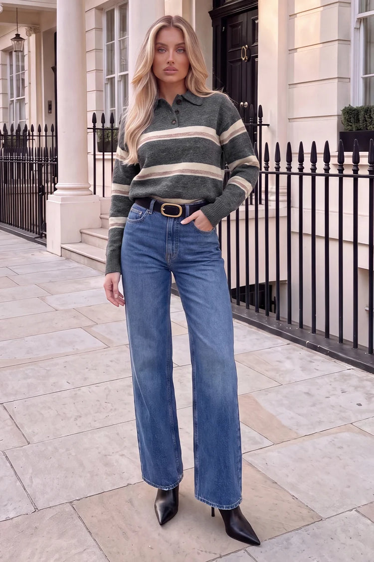 Grey Stripe Collared Knitted Jumper