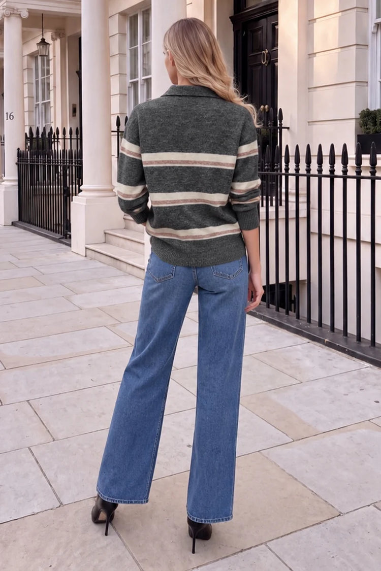 Grey Stripe Collared Knitted Jumper