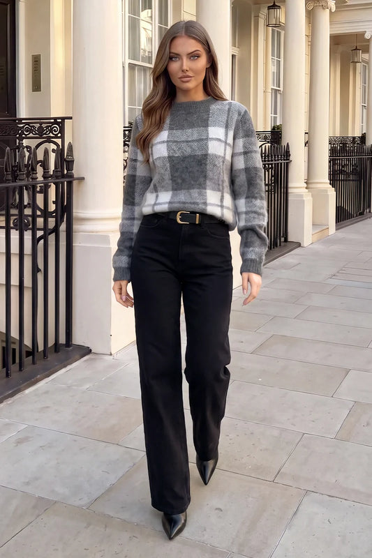 Grey And White Check Brushed Knit Jumper