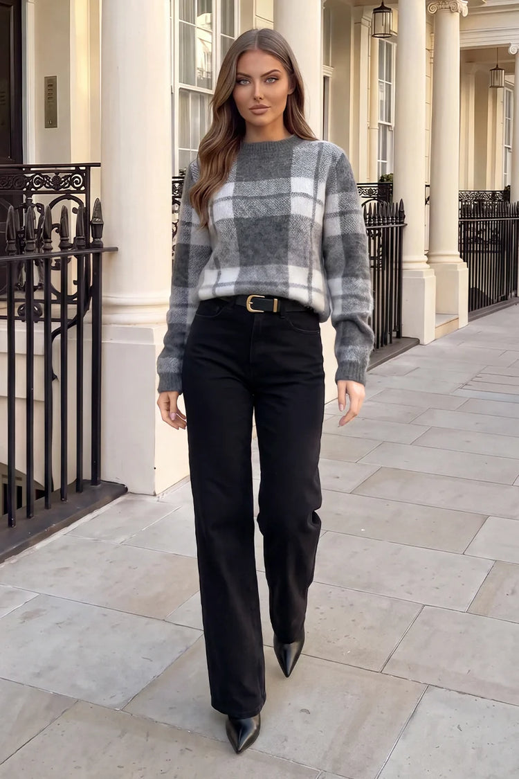 Grey And White Check Brushed Knit Jumper