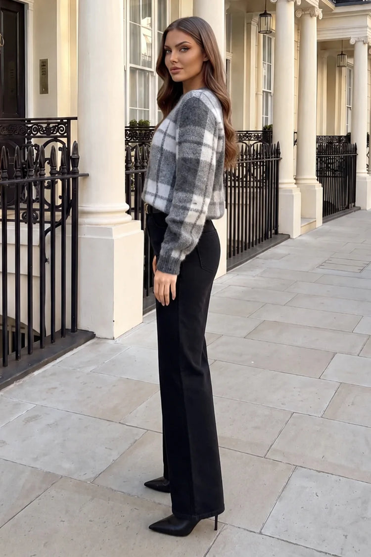 Grey And White Check Brushed Knit Jumper