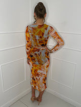 Mesh Printed Long Skirt Co-Ord - Orange/Multi