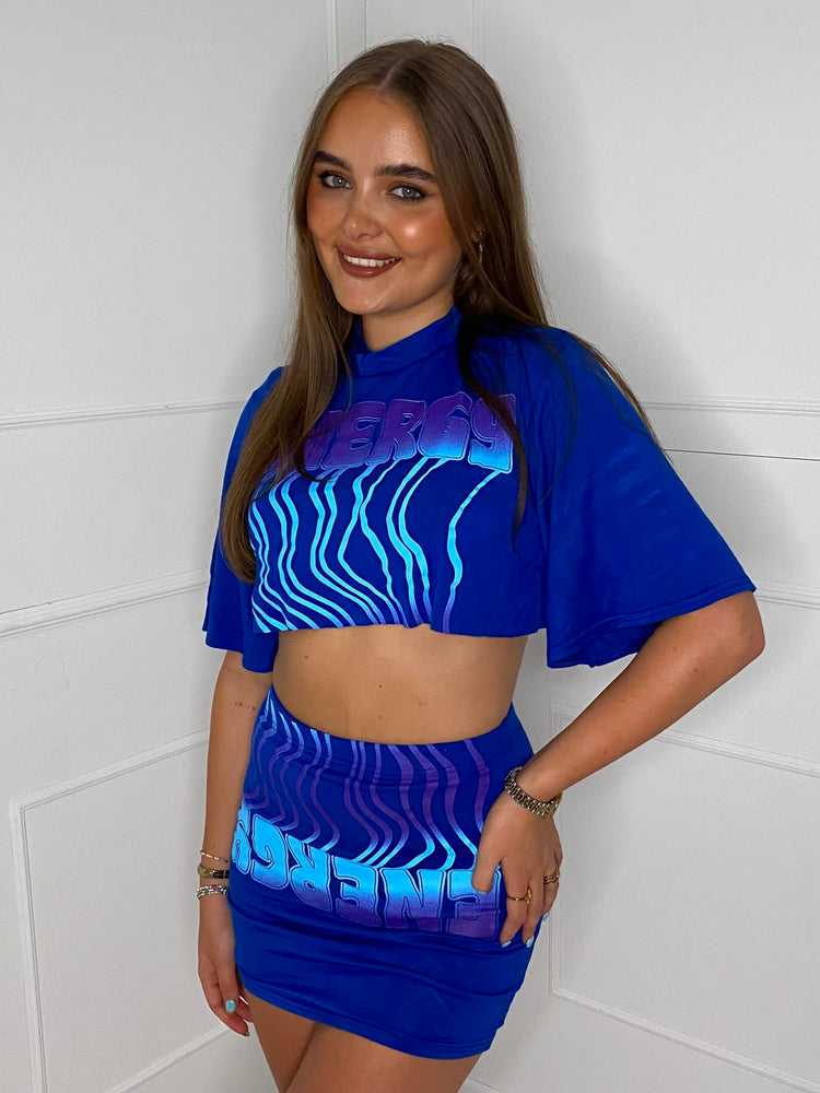 Cropped T-Shirt Co-ord - Royal Blue Energy Print