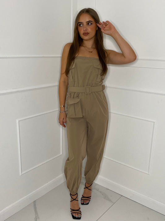 Cargo Belted Jumpsuit - Dark Beige