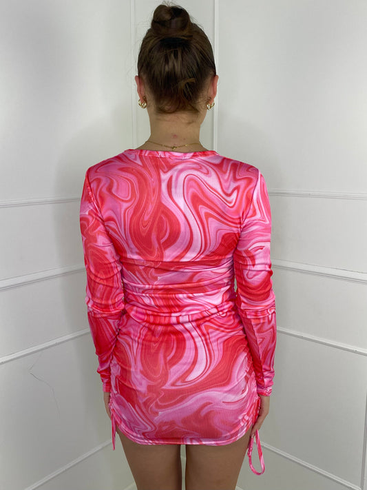 Round Neck Ruche Side Dress - Pink Marble