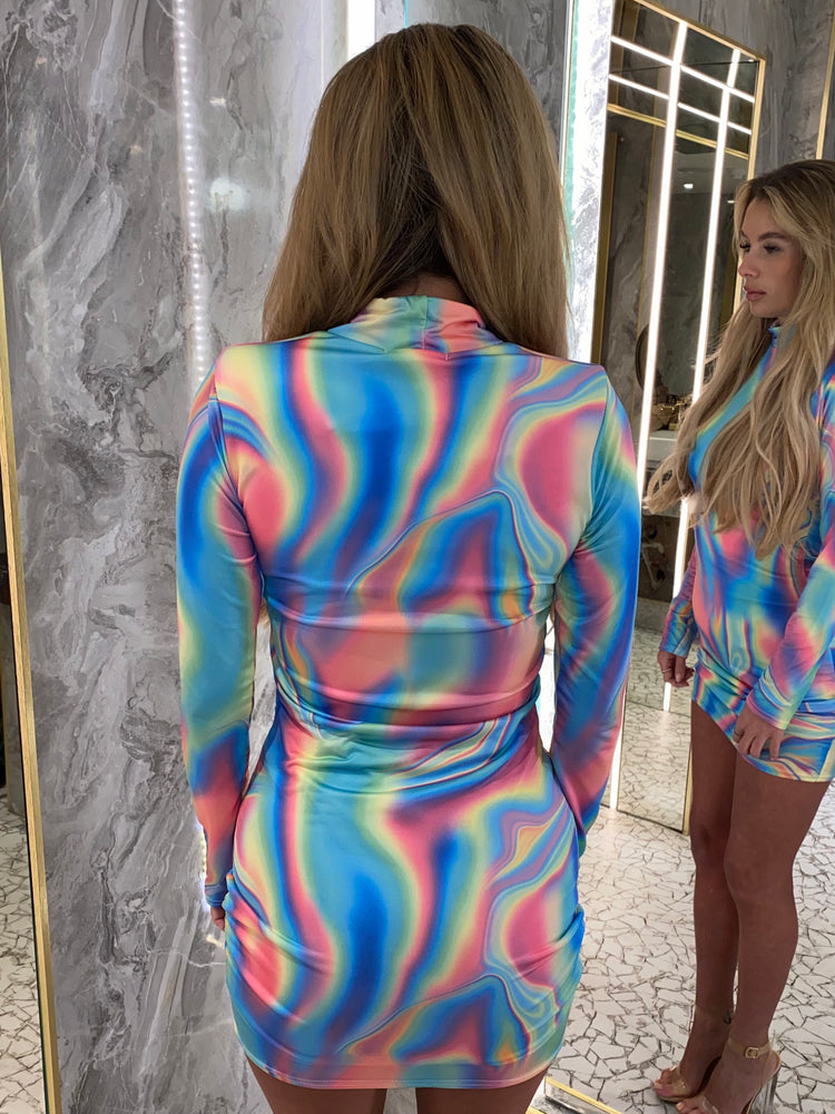 High Neck Padded Shoulder Dress - Rainbow Print