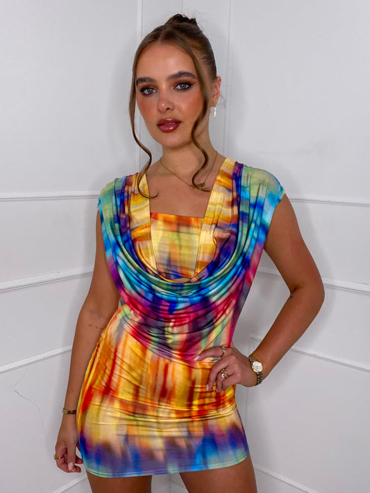 Printed Sleeveless Cowl Neck Dress - Rainbow