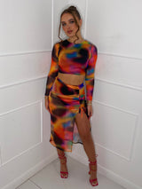 Mesh Printed Long Skirt Co-Ord - Multi