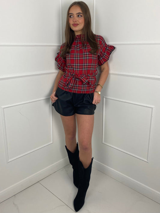 Frill Arm Detail Belted Top - Red Tartan