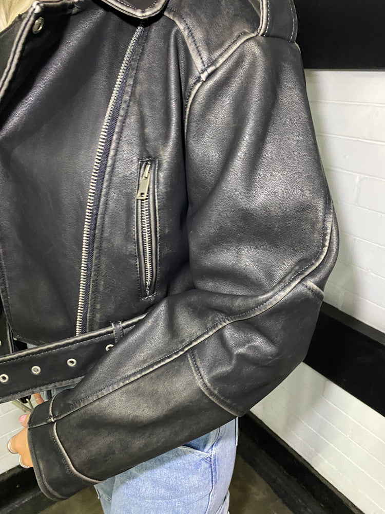 Pu Leather Buckle Detail Jacket - Black