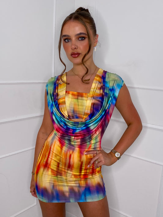 Printed Sleeveless Cowl Neck Dress - Rainbow