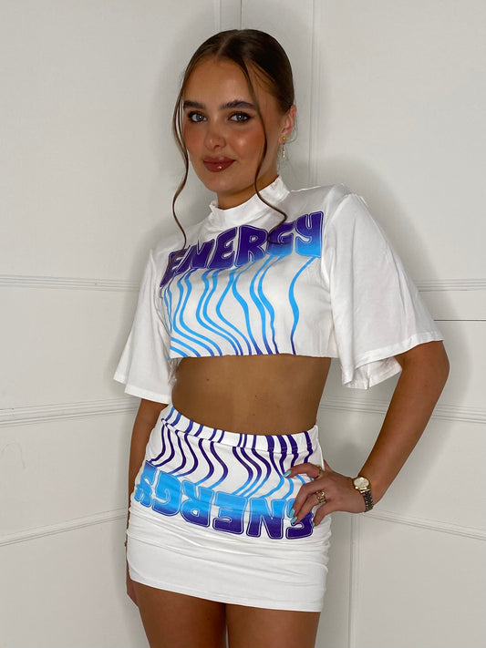 Cropped T-Shirt Co-ord - White Energy Print