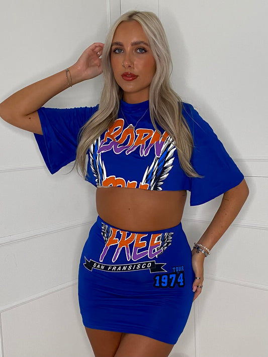 Cropped T-Shirt Co-ord - Royal Blue Born Free Print