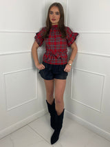 Frill Arm Detail Belted Top - Red Tartan