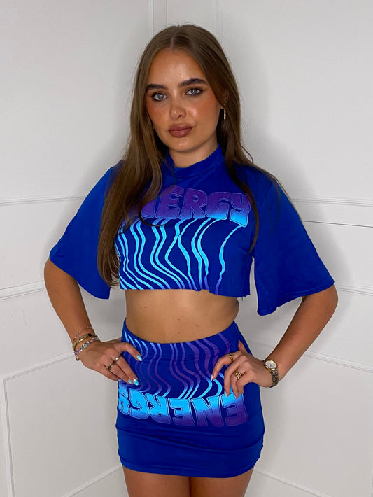 Cropped T-Shirt Co-ord - Royal Blue Energy Print