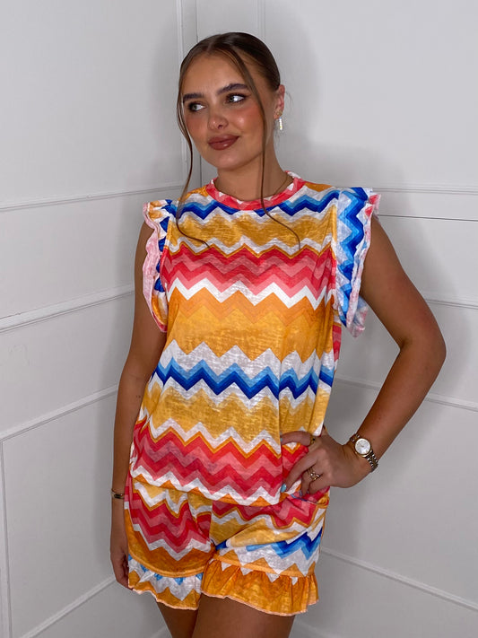 Thick Zigzag Print Frill Co-Ord - Yellow/Blue