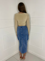 Pocket  Detail Denim Midi Skirt - Denim Blue