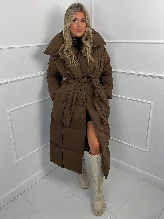 Long Belted Puffer Coat- Brown