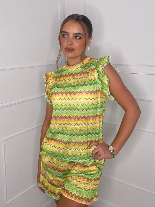 Thin Zigzag Print Frill Co-Ord - Red/Yellow Multi