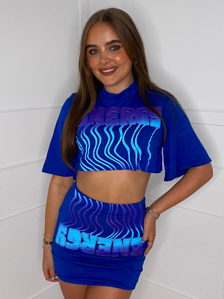 Cropped T-Shirt Co-ord - Royal Blue Energy Print