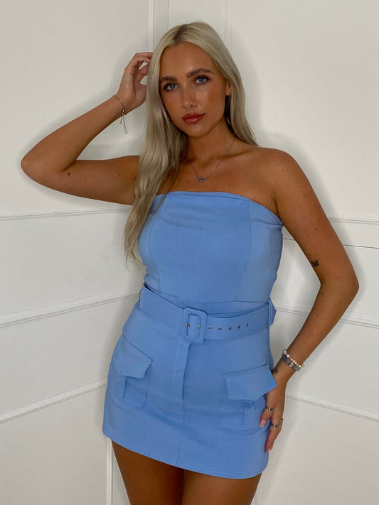 Belted Cargo Style Playsuit - Baby Blue