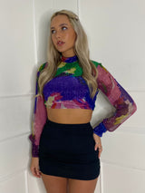 Pleated Shimmer Detail High Neck Top - Rainbow
