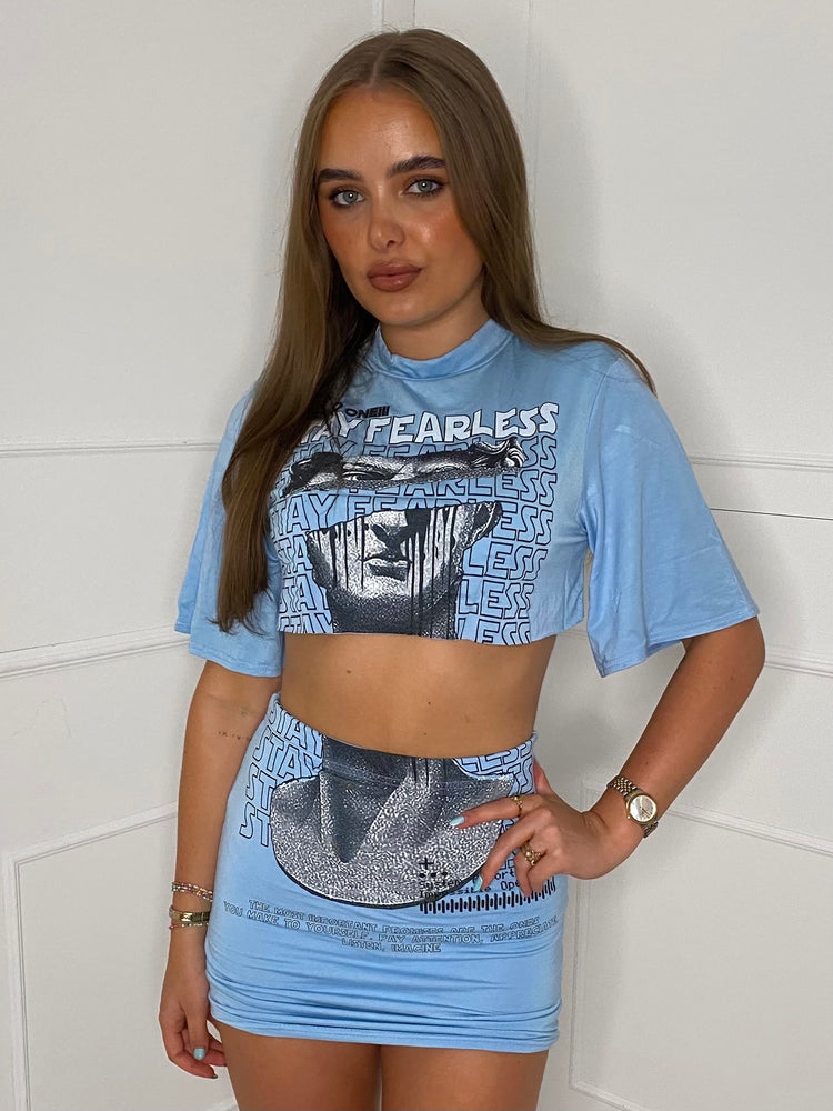 Cropped T-Shirt Co-ord - Baby Blue Fearless Statue
