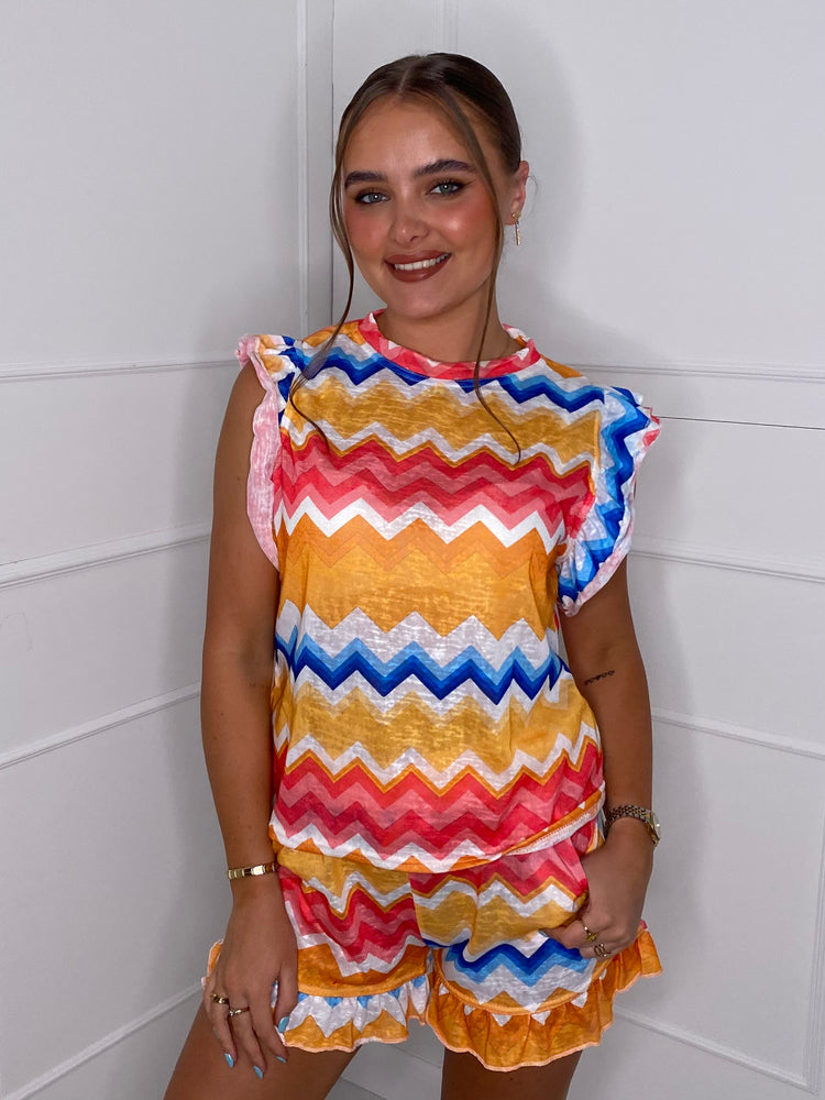 Thick Zigzag Print Frill Co-Ord - Yellow/Blue