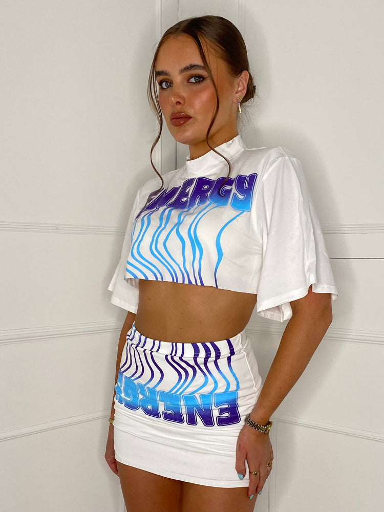 Cropped T-Shirt Co-ord - White Energy Print