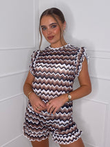 Thin Zigzag Print Frill Co-Ord - Brown/White