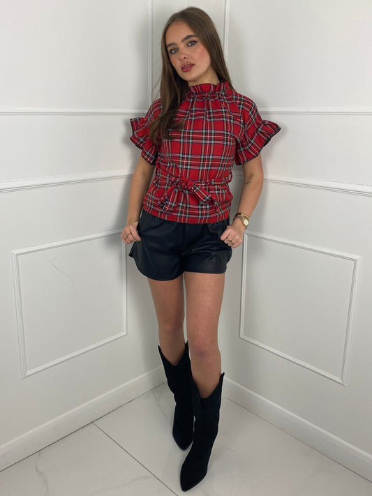 Frill Arm Detail Belted Top - Red Tartan