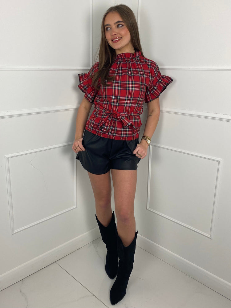Frill Arm Detail Belted Top - Red Tartan